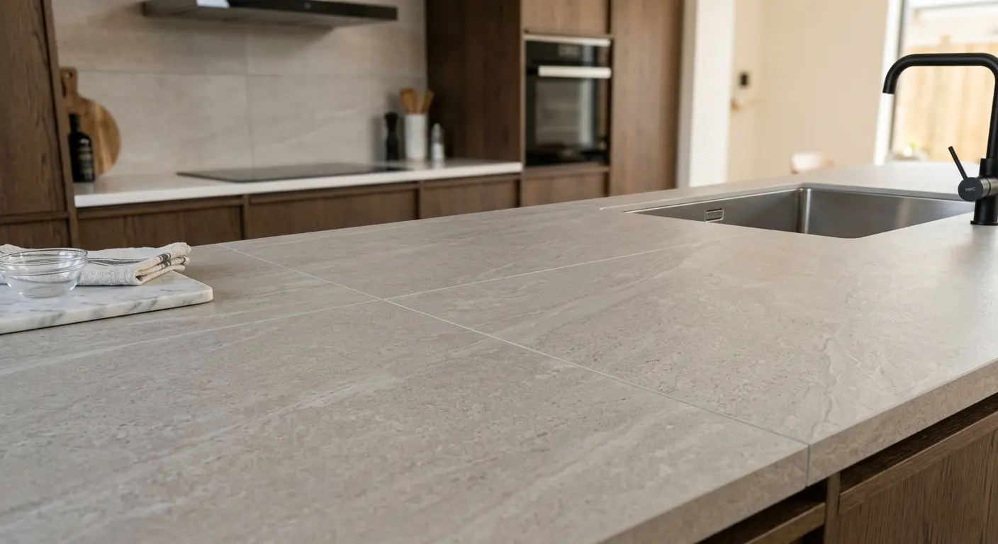 resultado reforma de cocina en Urrugne — encimera de cuarzo sobre muebles nuevos