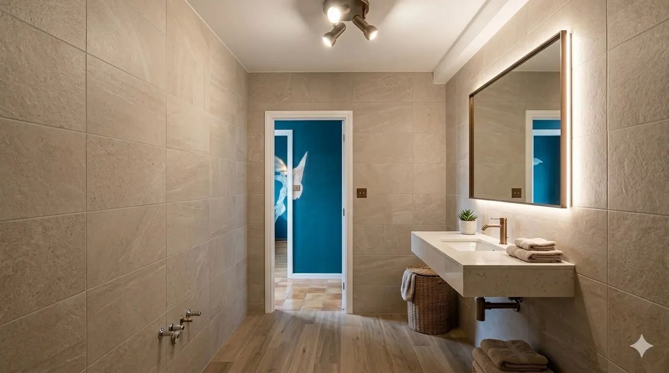 Baño reformado con revestimiento beige, lavabo suspendido y espejo con luz LED — Reformas de baño en Irún