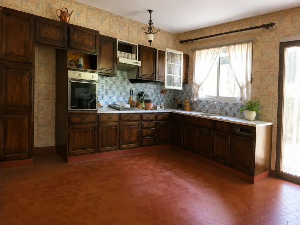 Vista lateral de la cocina antes de la reforma en Hondarribia — horno empotrado antiguo y muebles altos deteriorados