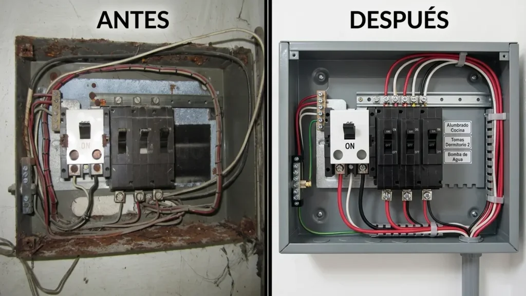 Antes y después de reforma eléctrica: cuadro antiguo vs. cuadro nuevo en piso de Irún — Reformas Ordoñez