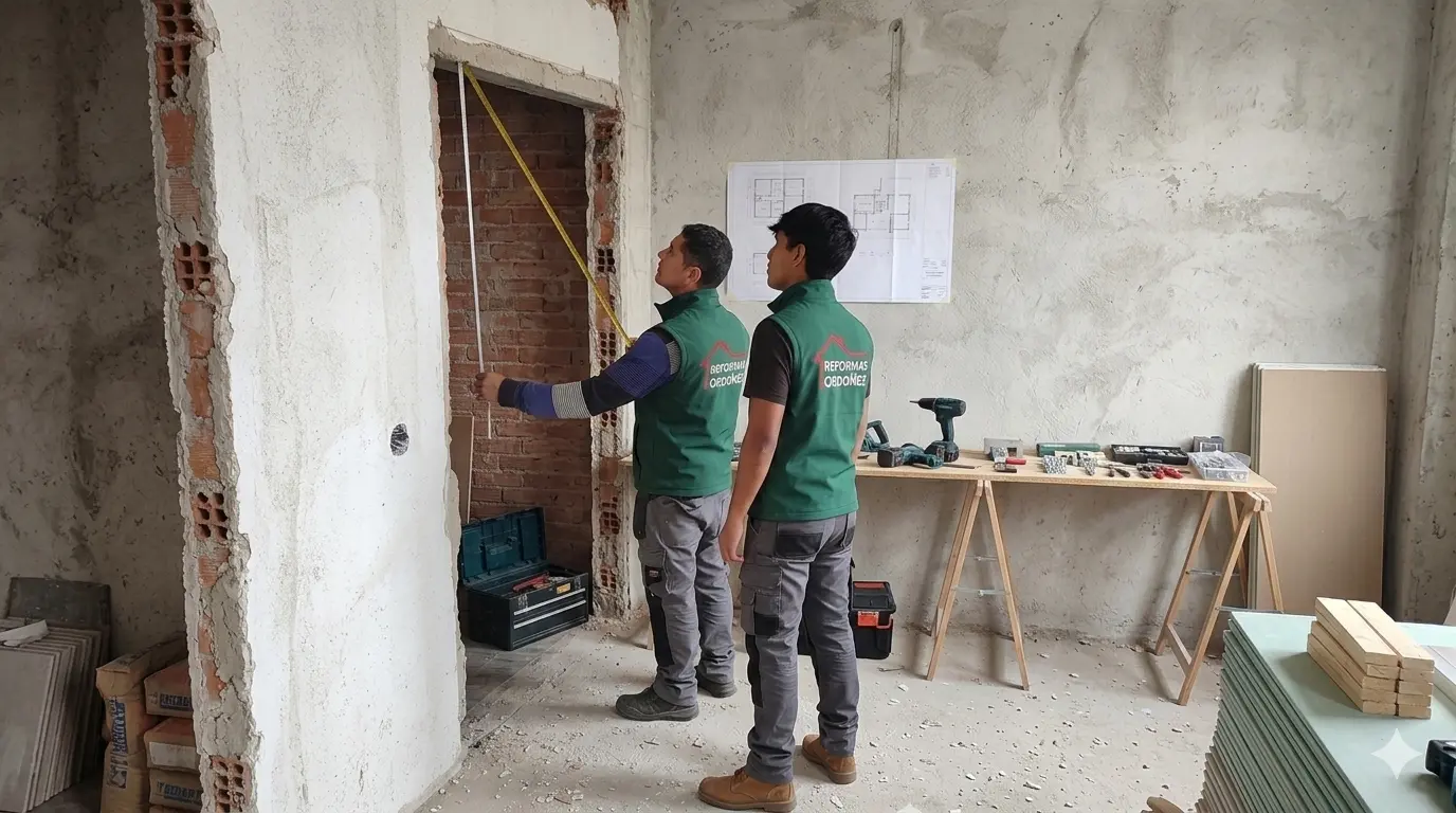 técnico de Reformas Ordoñez comprobando el grosor y la posición de un tabique respecto a las vigas en un piso de Donostia
