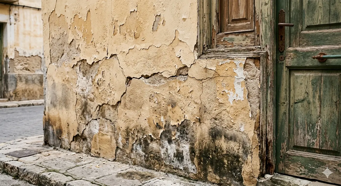 canto inferior de una contraventana de madera podrido bajo la pintura en una casa de Urrugne, detectado en la visita