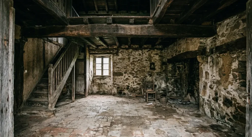 Interior de casa antigua antes de rehabilitación en la zona vasca — vigas de madera y paredes de piedra — Reformas Ordoñez