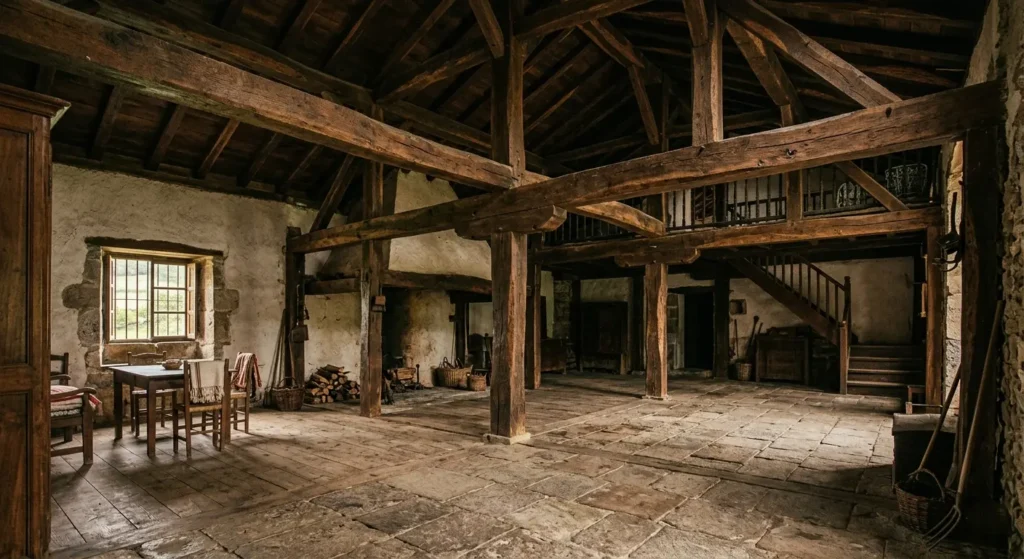 Interior de caserío vasco con estructura de madera de castaño original — Reformas Ordoñez