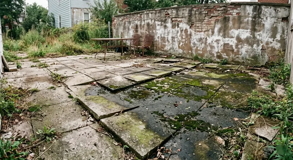 Patio exterior con pavimento deteriorado y humedad antes de reforma en la zona vasca — Reformas Ordoñez