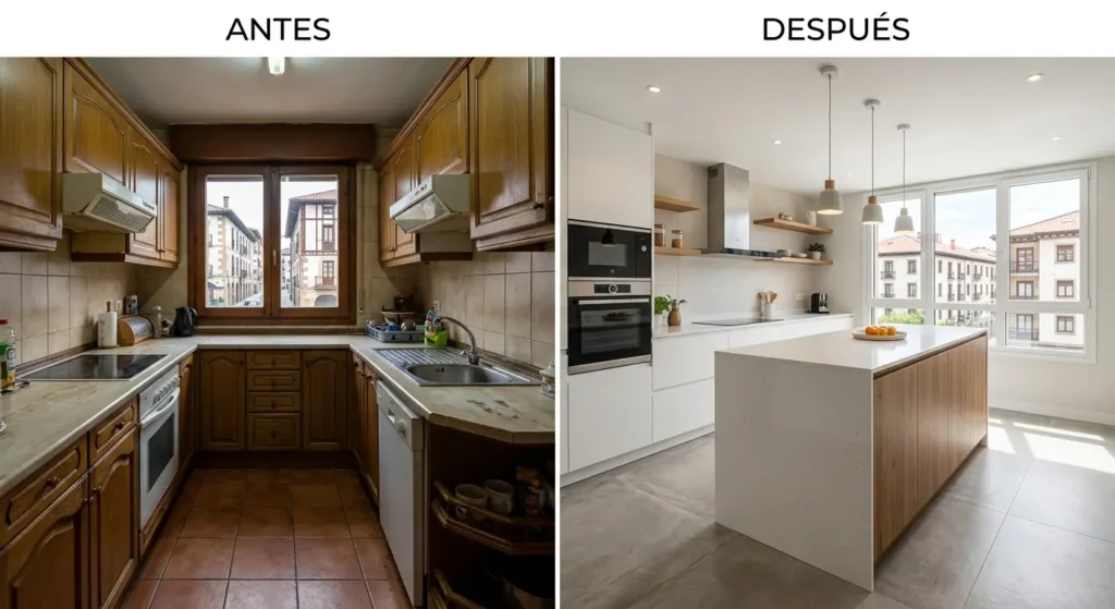 Antes y después de reforma de cocina en Irún, Reformas Ordoñez