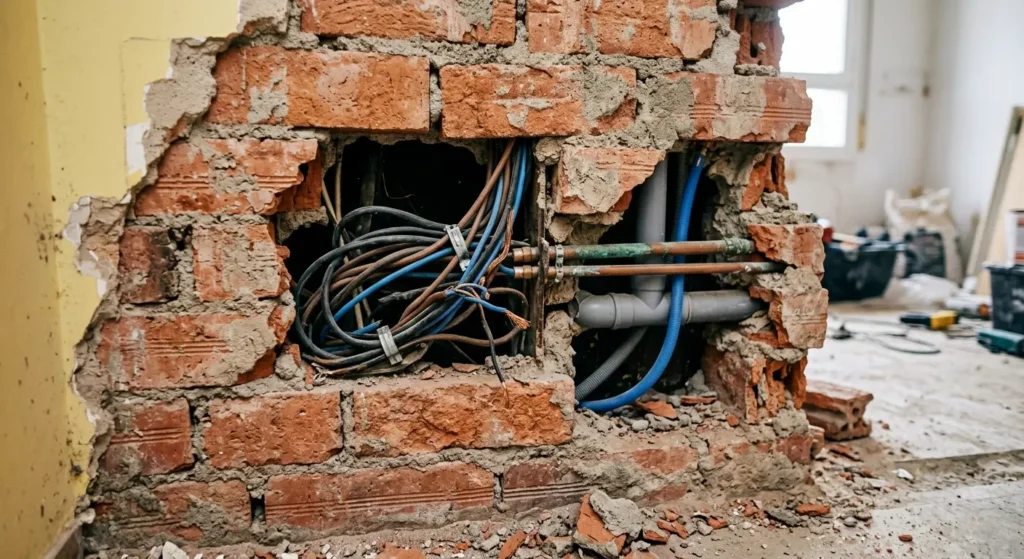 tabique-instalaciones-ocultas-cables-piso-irun-reformas-ordonez Tabique derribado con instalaciones eléctricas ocultas en piso de Irún — Reformas Ordoñez
