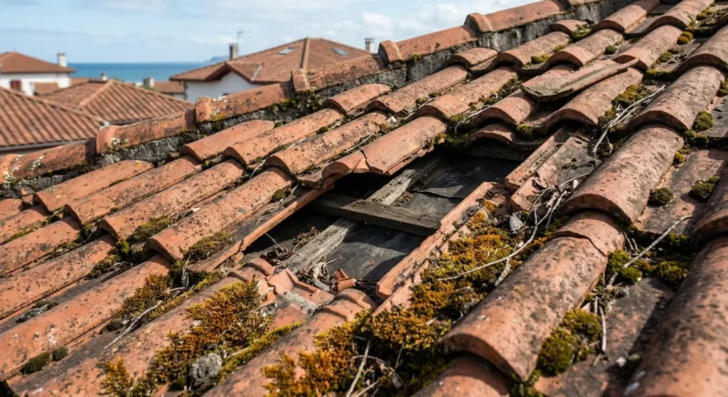 Tejado con tejas desplazadas y musgo antes de rehabilitación en la zona vasca — Reformas Ordoñez