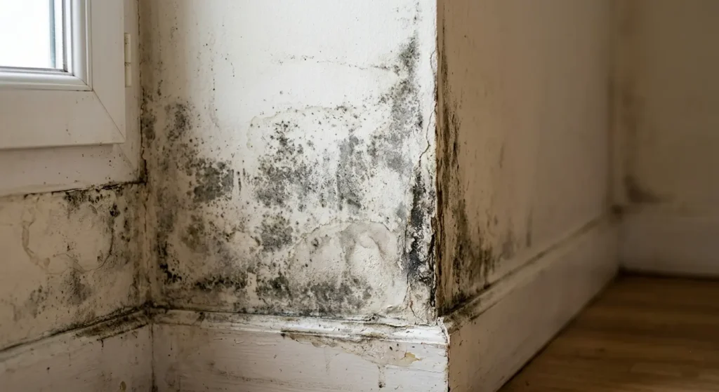 Manchas de humedad y condensación en pared de piso de la zona vasca antes de tratamiento — Reformas Ordoñez