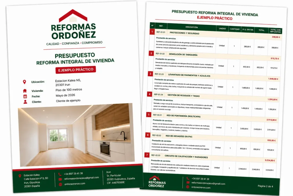 Preview del PDF ejemplo de presupuesto de reforma integral de piso de 100 m² — Reformas Ordoñez