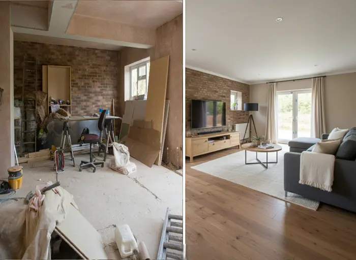résultat rénovation intégrale à Saint-Jean-de-Luz — poutres apparentes : salon rénové avec poutres en bois apparentes conservées et électricité modernisée