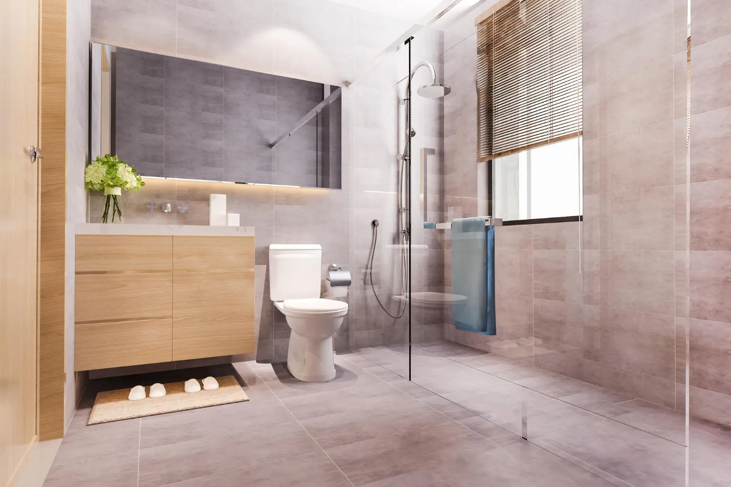 résultat rénovation salle de bain à Guéthary — douche à l'italienne : salle de bain terminée avec douche à l'italienne, style cohérent avec le reste de la maison
