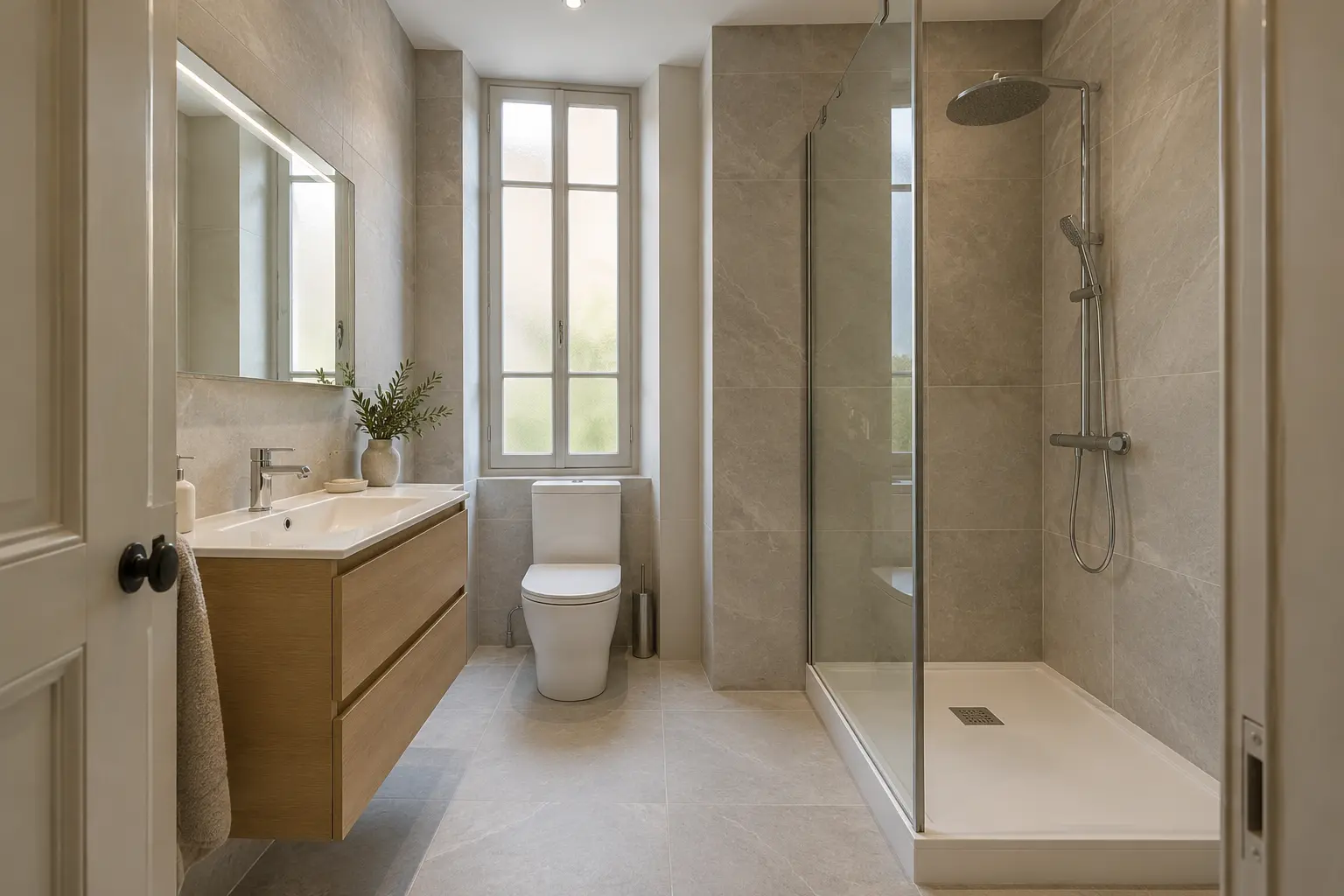 résultat salle de bain à Biarritz — plomberie refaite et carrelage grand format