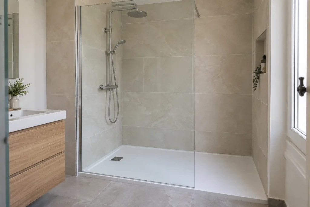Remplacement de baignoire par une douche à Biarritz — Reformas Ordoñez baignoire remplacée par une douche avec receveur extra-plat à Biarritz