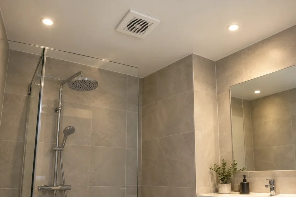 Ventilation de salle de bain à Biarritz — Reformas Ordoñez extracteur d'air posé au plafond d'une salle de bain sans fenêtre à Biarritz