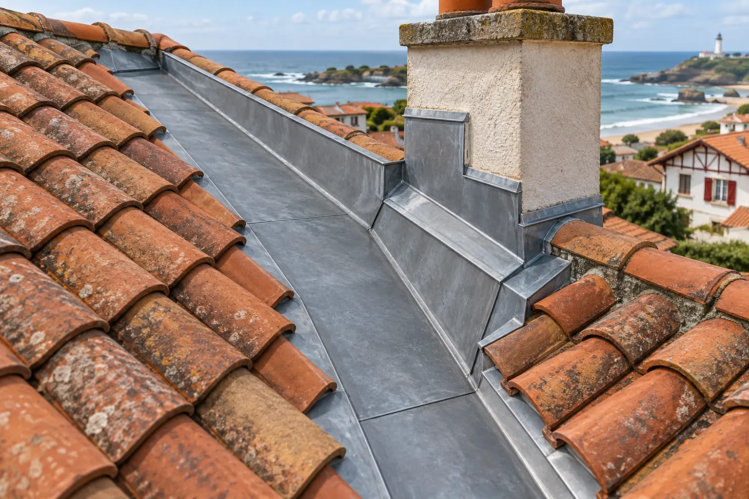 noue et solin en zinc prépatiné refaits sur une toiture exposée aux embruns à Biarritz