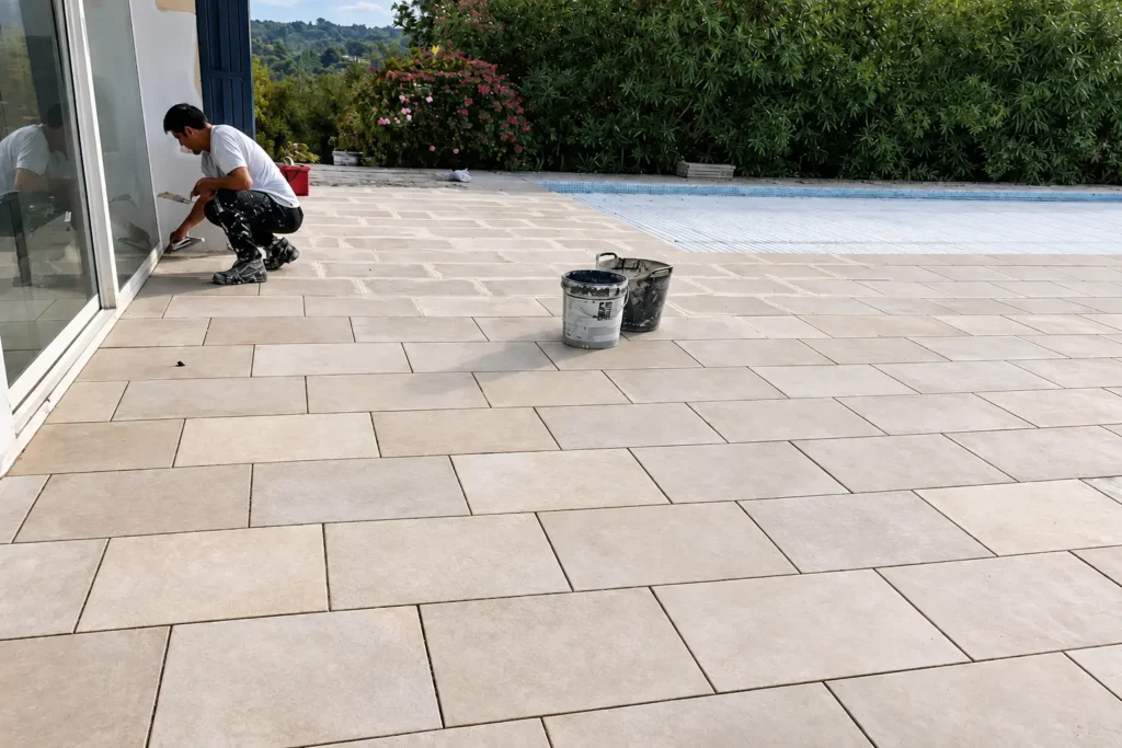 carrelage antidérapant posé sur une terrasse à Hendaye : terrasse extérieure avec carrelage antidérapant, pente d'évacuation visible