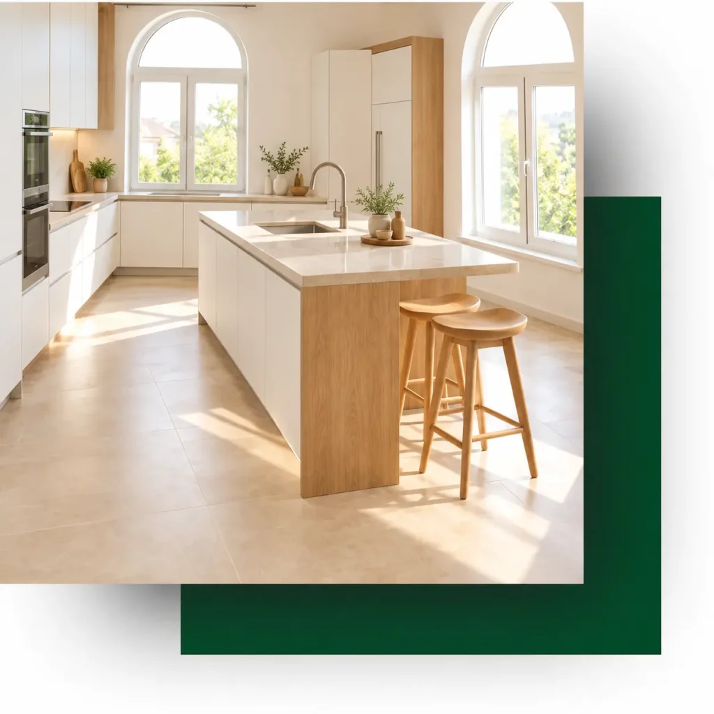 Résultat d'une rénovation de cuisine à Hendaye — Reformas Ordoñez cuisine rénovée après travaux à Hendaye, photo principale de la page montrant un chantier Reformas Ordoñez terminé à Hendaye