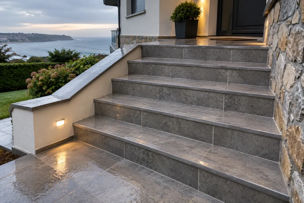 escalier-exterieur-carrelage-antiderapant Escalier extérieur carrelé avec un carrelage antidérapant adapté à la pluie, nez de marche et joints extérieurs, maison de la côte basque
