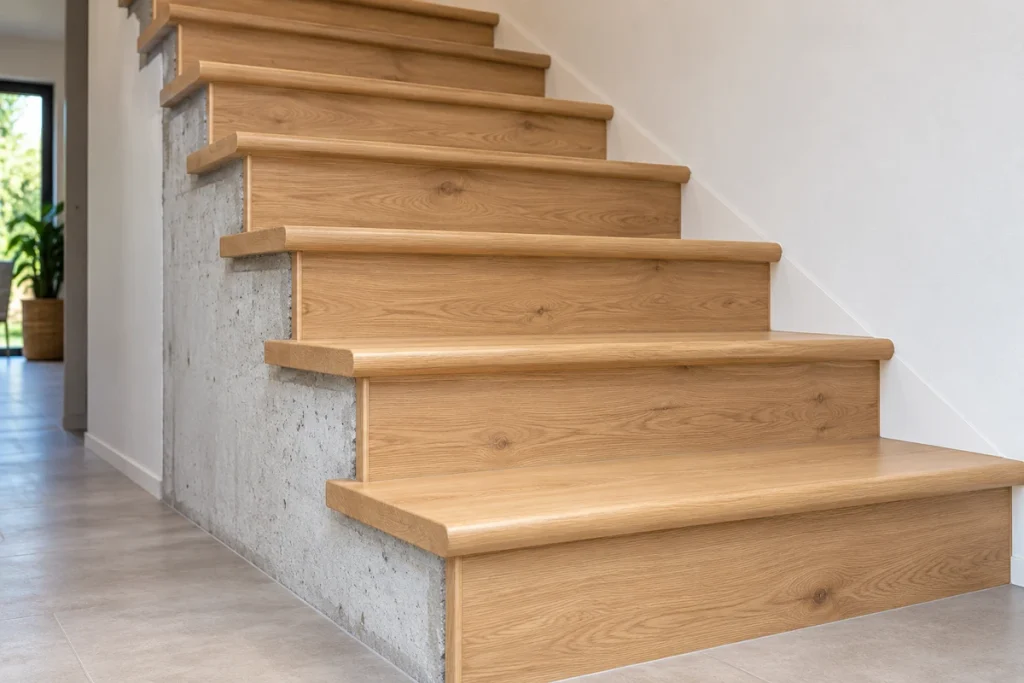 habillage-escalier-beton-bois Habillage en bois d’un escalier en béton, marches et contremarches recouvertes de bois clair avec nez de marche arrondi